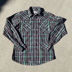CINCH Mens Long Sleeve Western Shirt Plaid Snap Button Green Burgundy